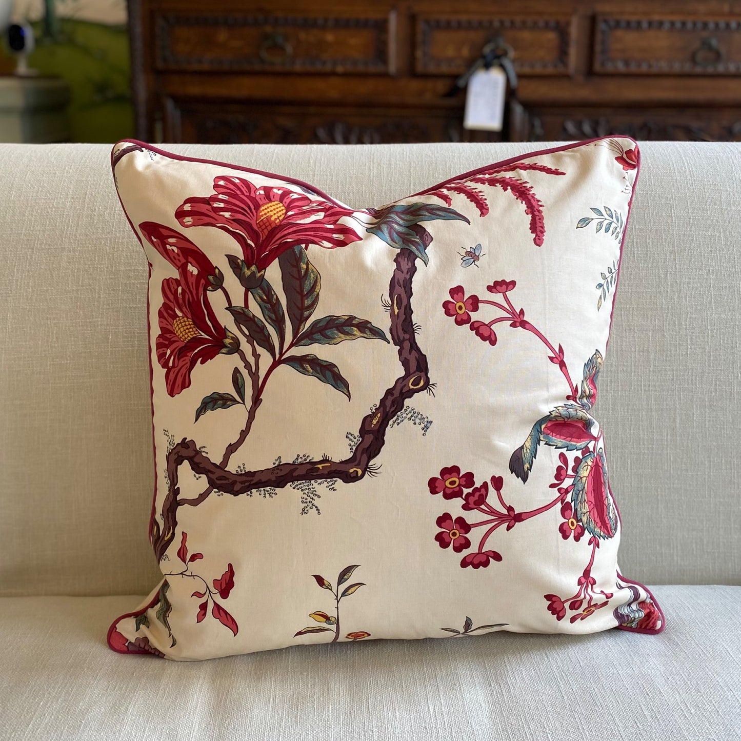 Floral Cushion with Raspberry Piping