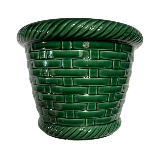 Vintage French Majolica Planter Green Basket Weave Design by Poët Laval